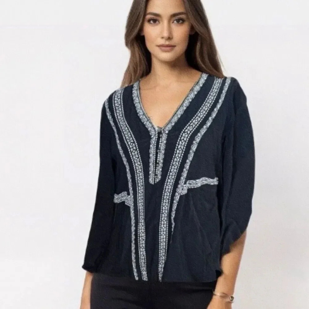 Veronica Beard Blouse Sz 4 Loreto Embroidered Silk Coastal Cowgirl Western Boho